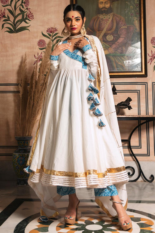 white-mogra-pure-cotton-angrakha-set-11403067WH, Women Indian Ethnic Clothing, Cotton Kurta Set Dupatta
