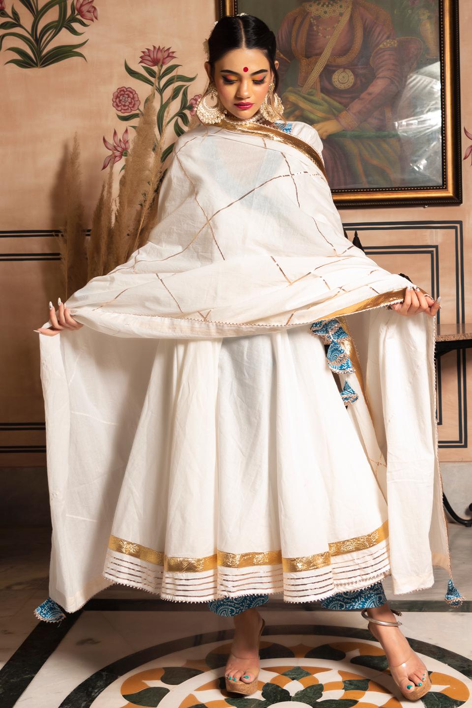 white-mogra-pure-cotton-angrakha-set-11403067WH, Women Indian Ethnic Clothing, Cotton Kurta Set Dupatta