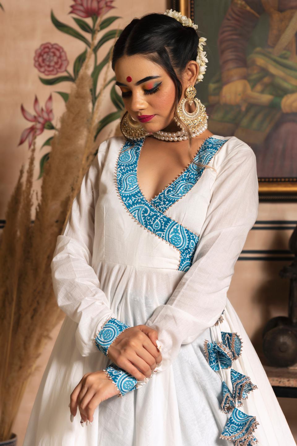 white-mogra-pure-cotton-angrakha-set-11403067WH, Women Indian Ethnic Clothing, Cotton Kurta Set Dupatta