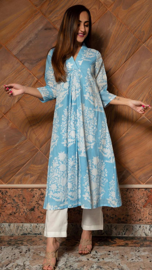 white-phool-pure-cotton-anarkali-pant-set-11402076BL, Women Indian Ethnic Clothing, Cotton Kurta Set