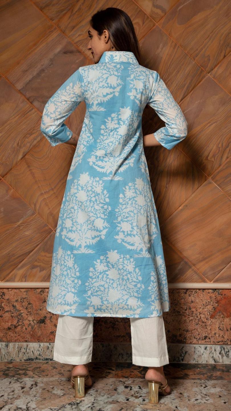 white-phool-pure-cotton-anarkali-pant-set-11402076BL, Women Indian Ethnic Clothing, Cotton Kurta Set