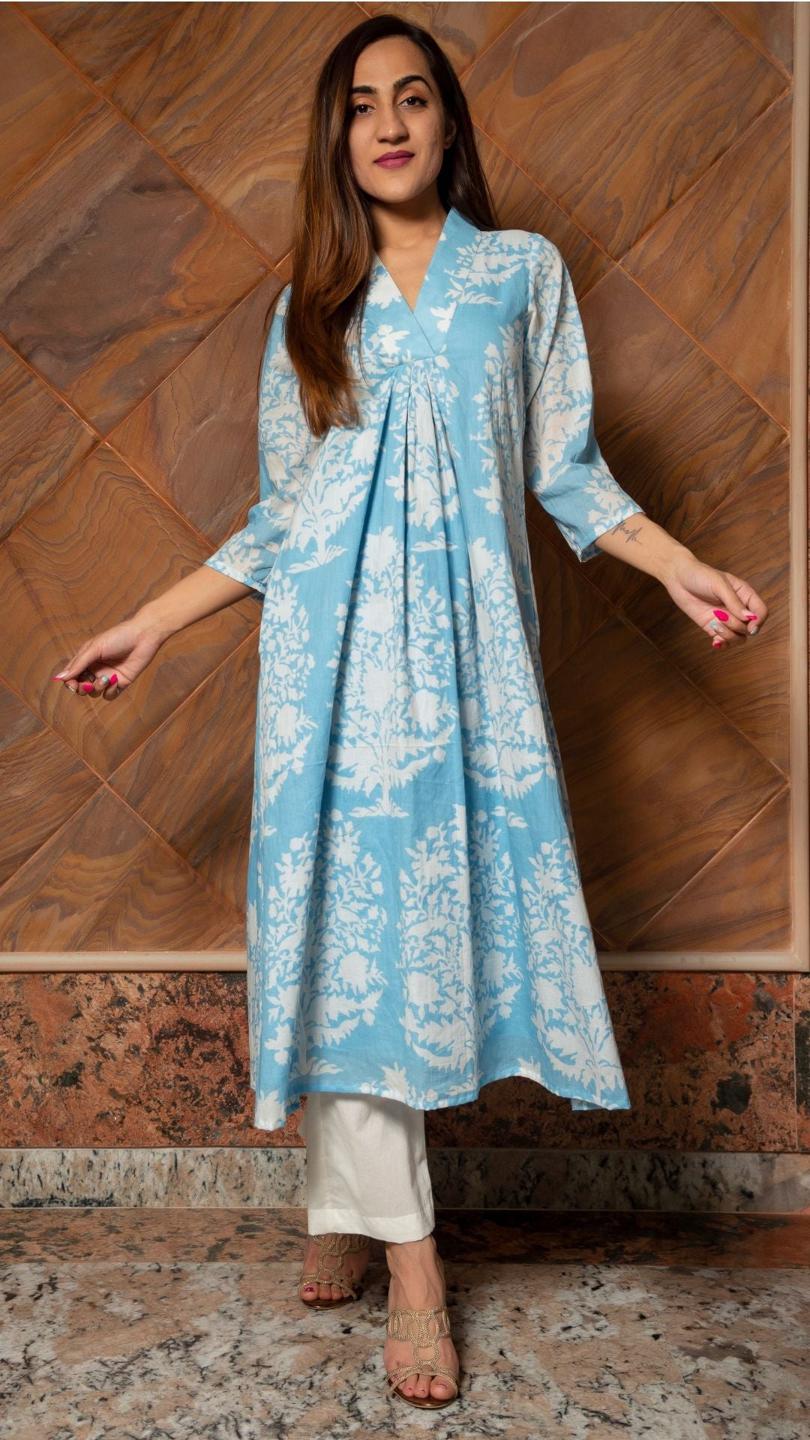 white-phool-pure-cotton-anarkali-pant-set-11402076BL, Women Indian Ethnic Clothing, Cotton Kurta Set