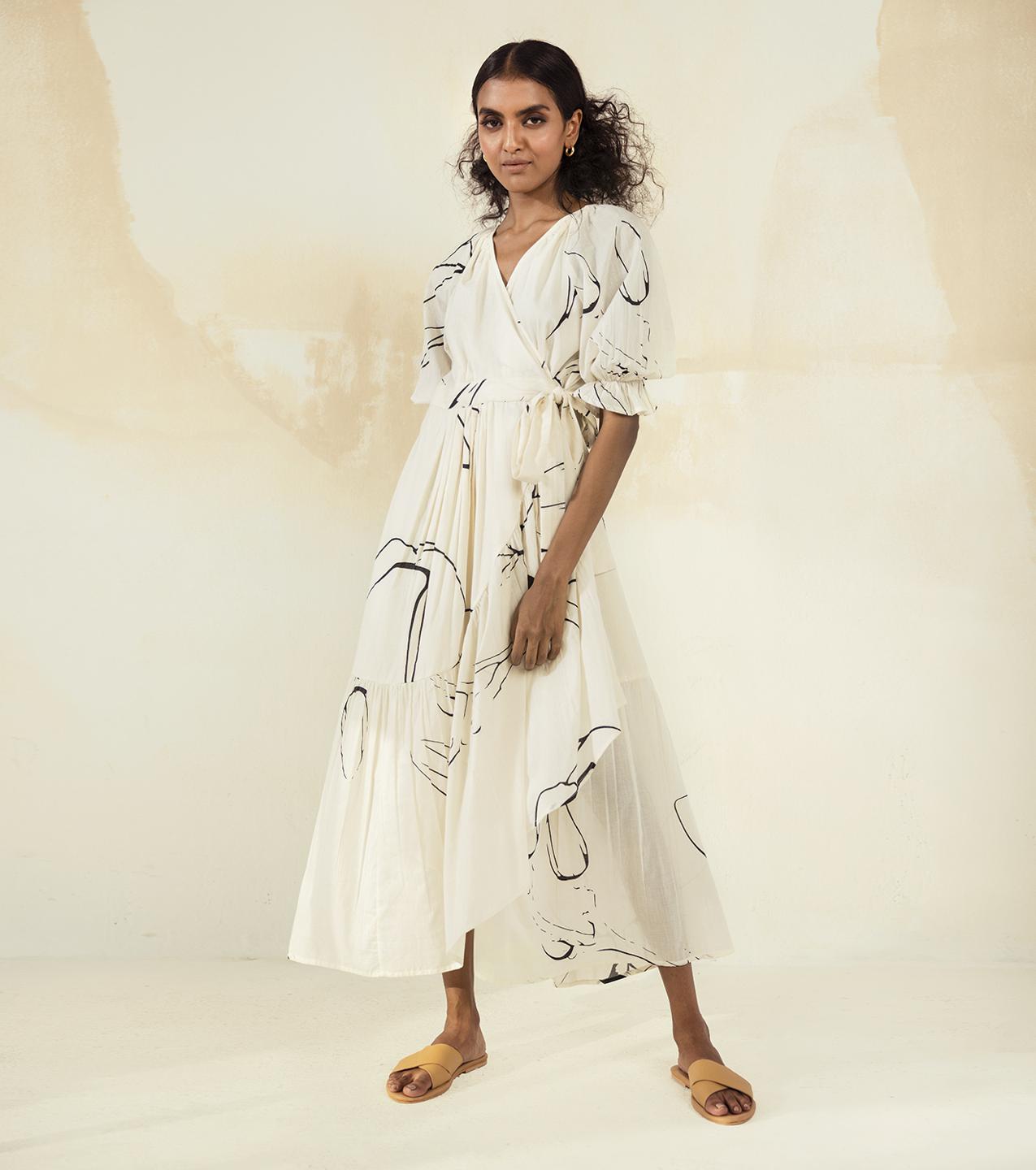 white-printed-cotton-knot-wrap-dress-11904069WH, Women Clothing, Cotton Dress