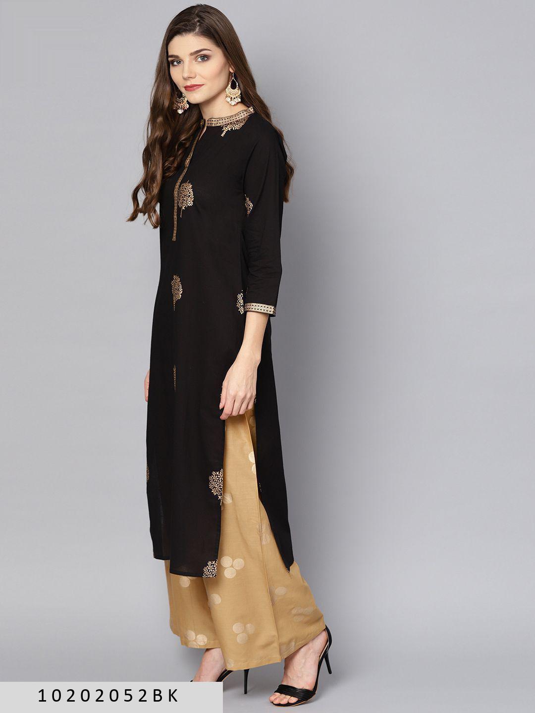 women-black-straight-pure-cotton-kurta-and-palazzo--10202052BK, Women Indian Ethnic Clothing, Cotton Kurta Set