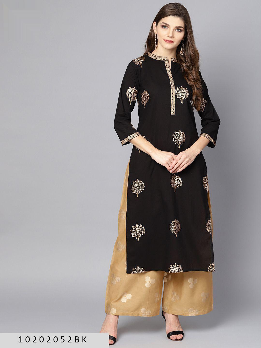 women-black-straight-pure-cotton-kurta-and-palazzo--10202052BK, Women Indian Ethnic Clothing, Cotton Kurta Set