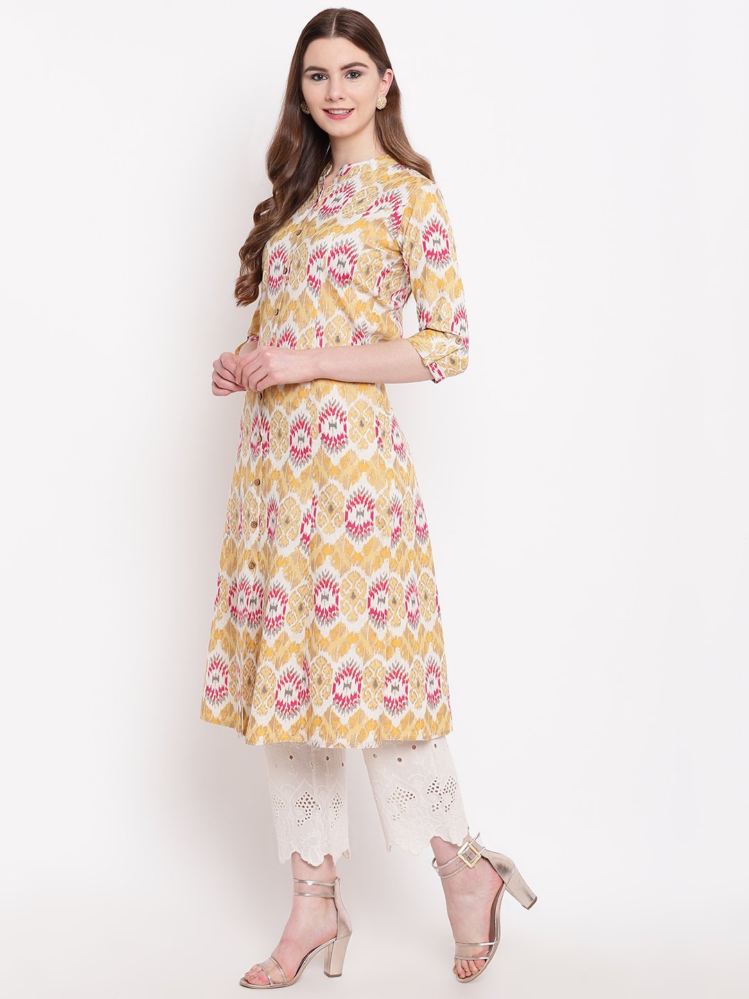yellow-a-line-khadi-kurta-10001007YL, Women Indian Ethnic Clothing, Cotton Kurta