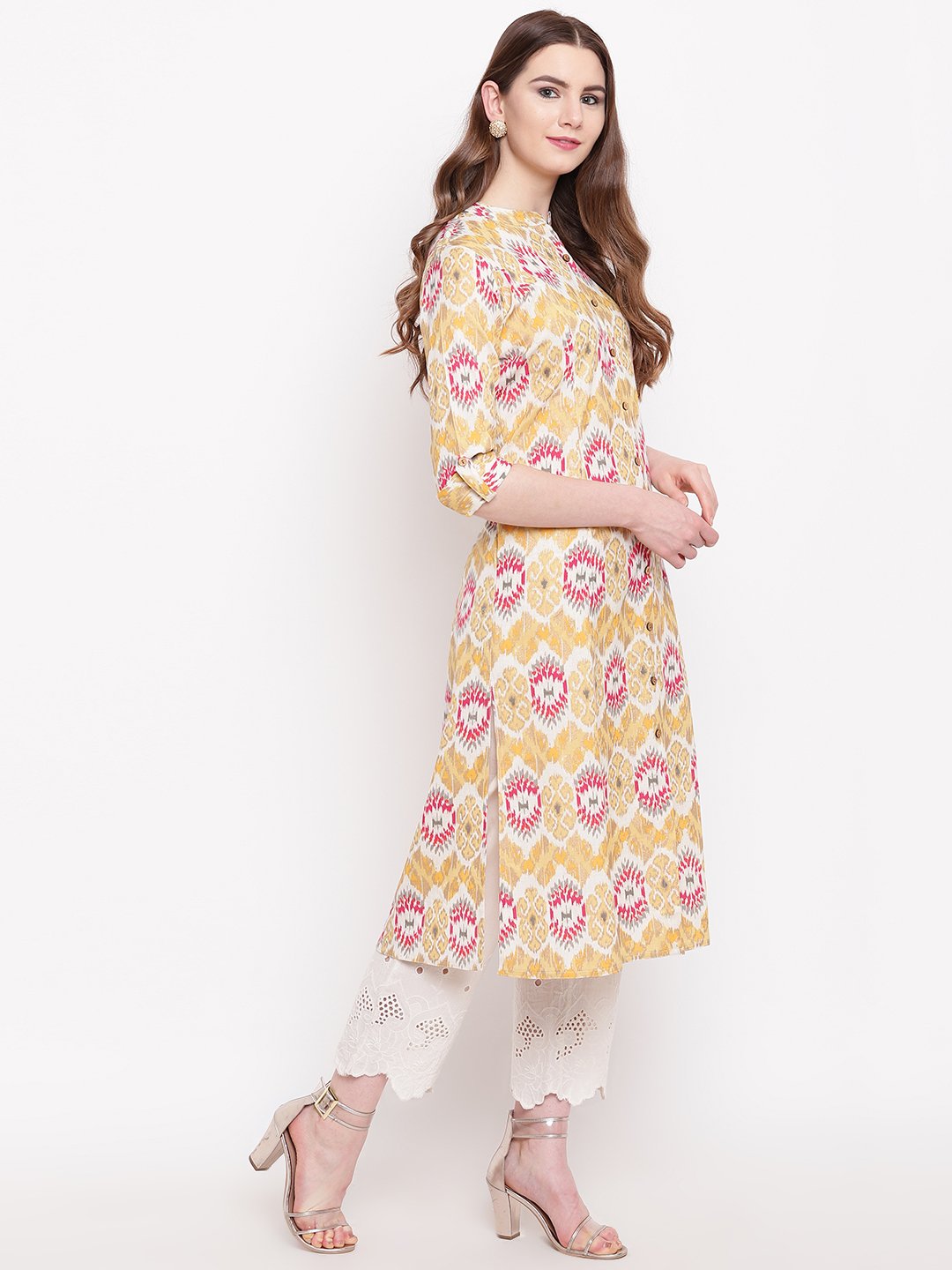 yellow-a-line-khadi-kurta-10001007YL, Women Indian Ethnic Clothing, Cotton Kurta