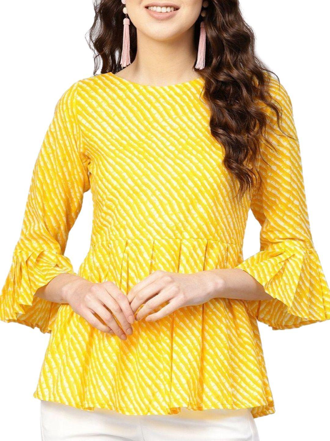 yellow-and-white-leheriya-printed-boat-neck-flared-sleeves-pleated-tunic-10207068YL, Women Indian Ethnic Clothing, Cotton Top