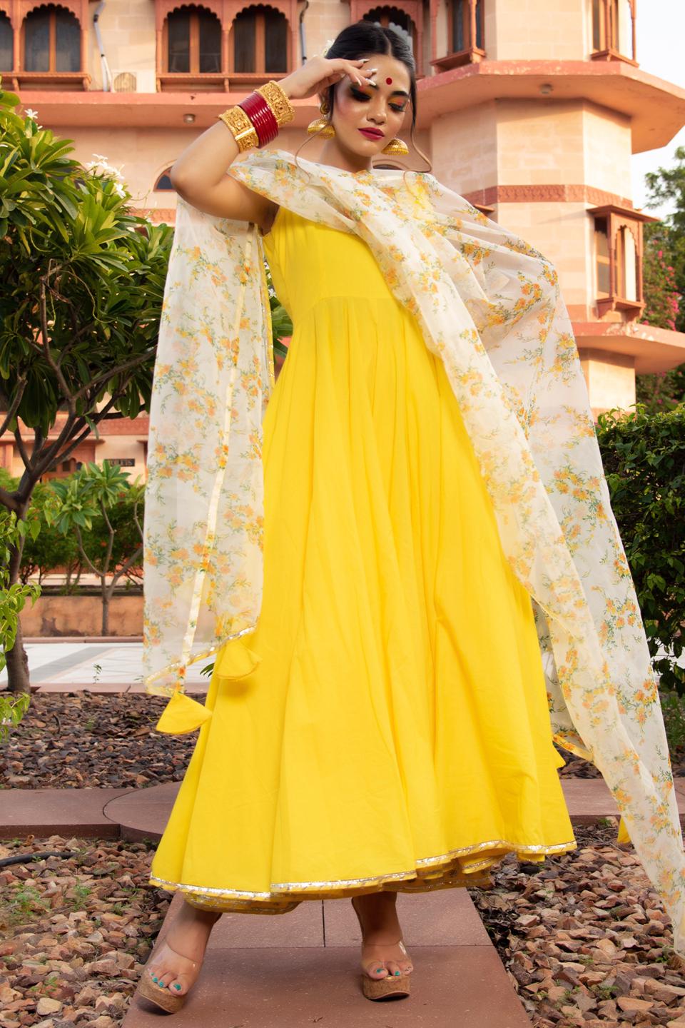yellow-berry-cotton-anarkali-set-11403068YL, Women Indian Ethnic Clothing, Cotton Kurta Set Dupatta