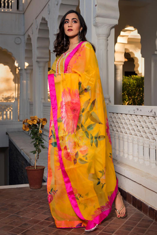 yellow-cotton-silk-kurta-set-11403062YL, Women Indian Ethnic Clothing, Cotton Silk Kurta Set Dupatta