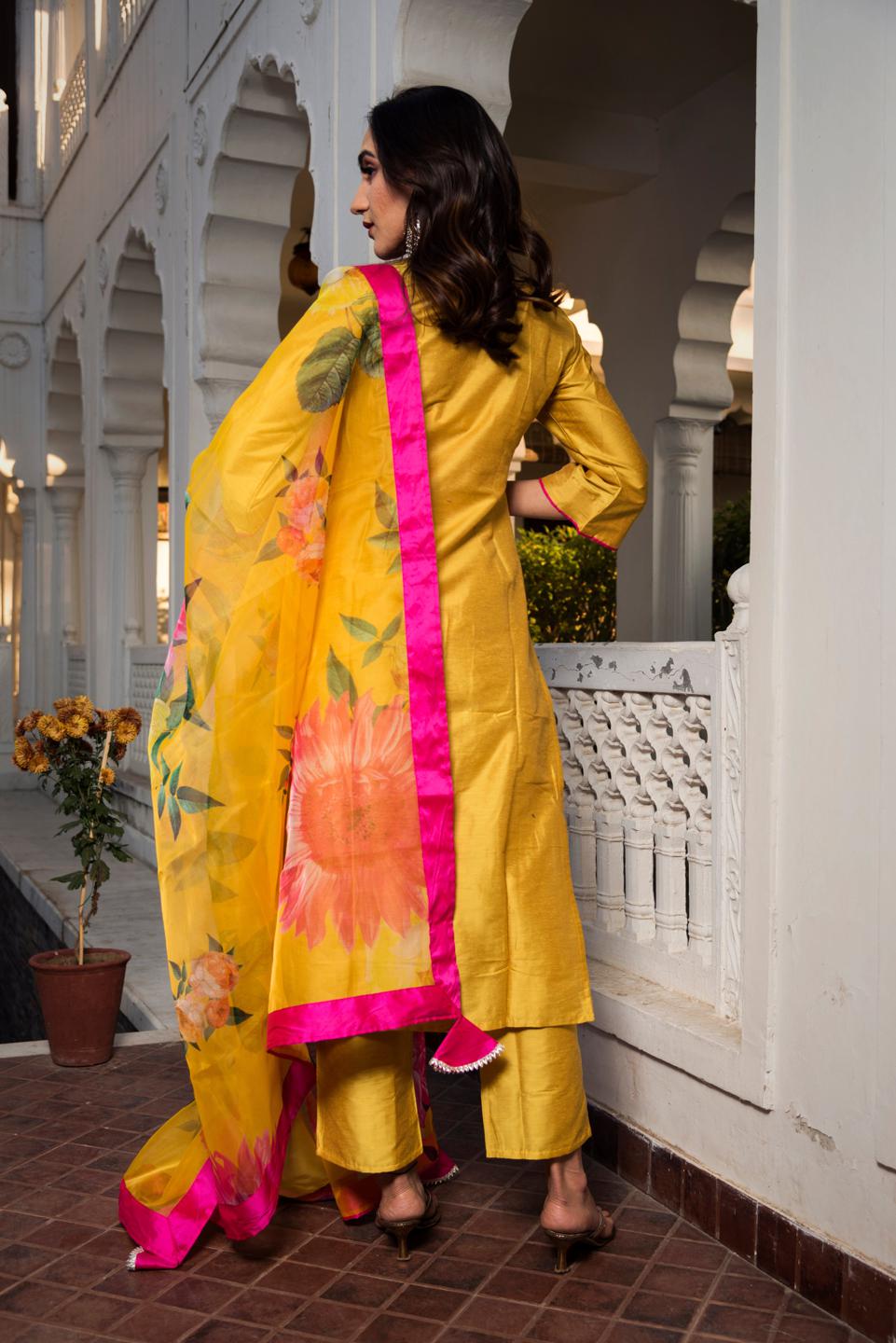 yellow-cotton-silk-kurta-set-11403062YL, Women Indian Ethnic Clothing, Cotton Silk Kurta Set Dupatta