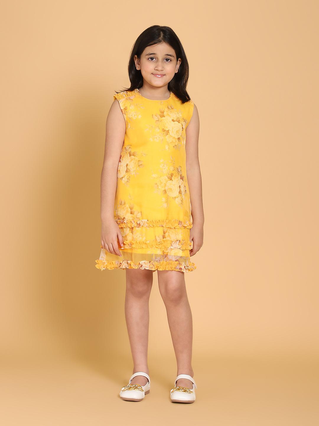 yellow-floral-print-organza-dress-10510096YL, Kids Clothing, Organza Girl Dress
