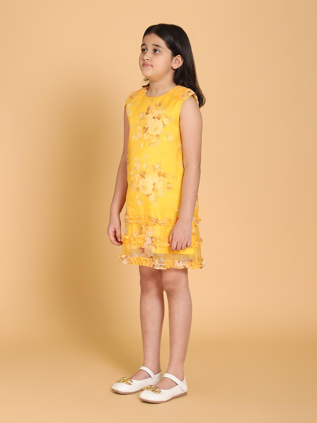 yellow-floral-print-organza-dress-10510096YL, Kids Clothing, Organza Girl Dress