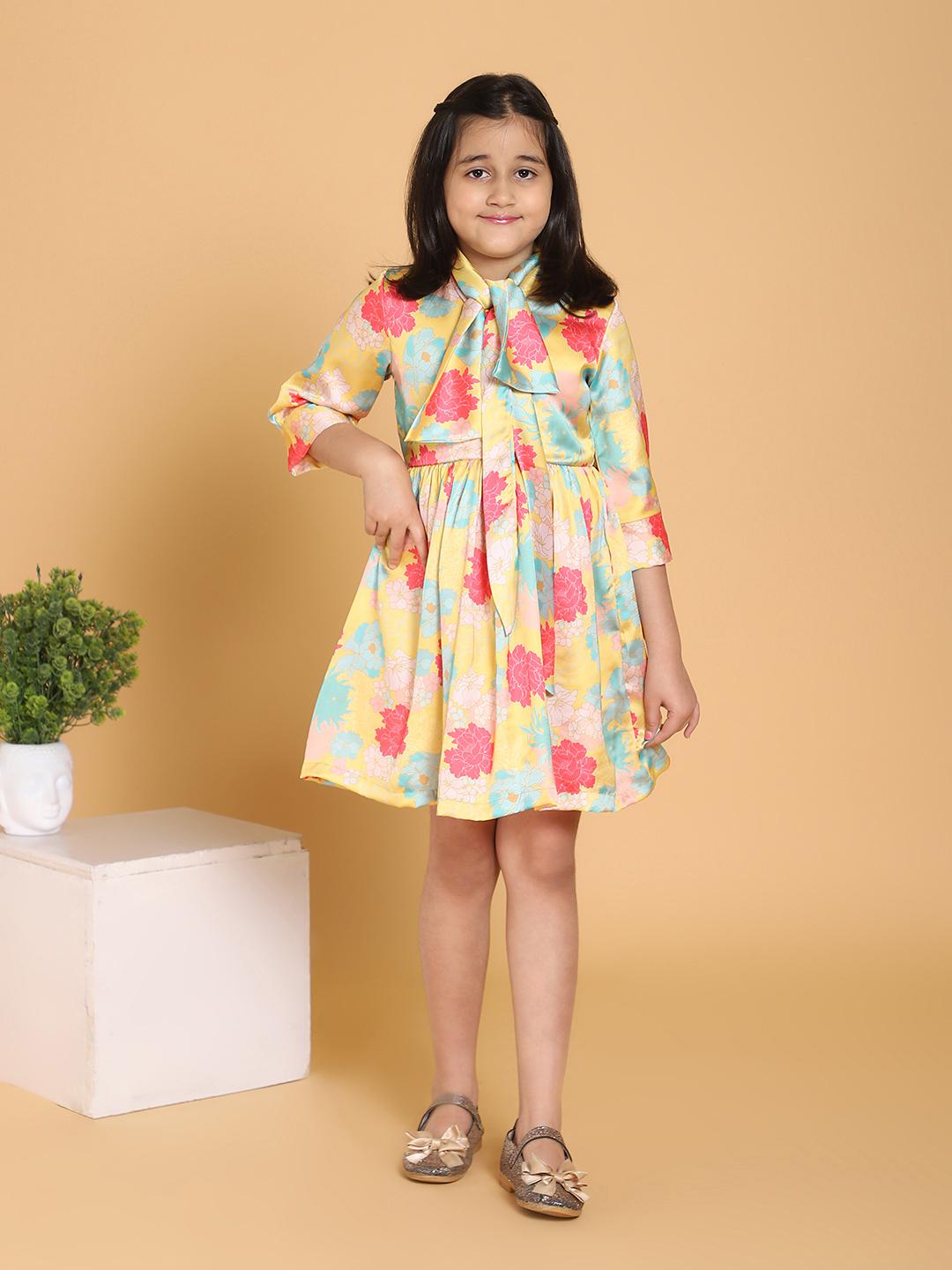 yellow-floral-print-satin-dress-10510098YL, Kids Clothing, Modal Girl Dress