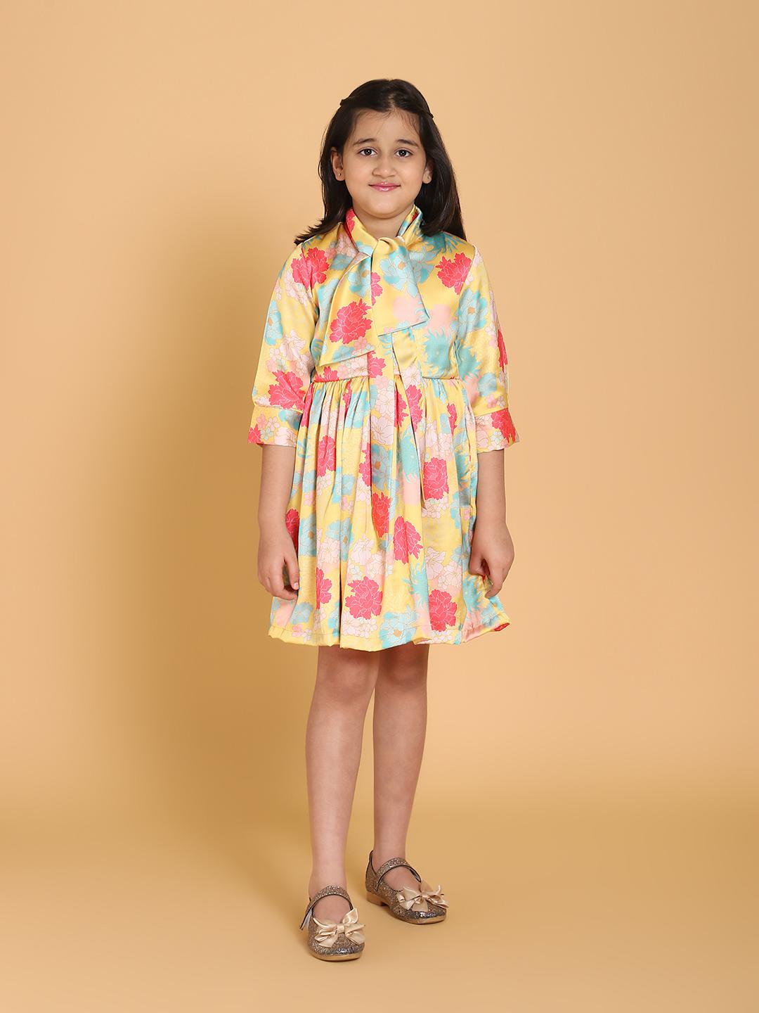 yellow-floral-print-satin-dress-10510098YL, Kids Clothing, Modal Girl Dress