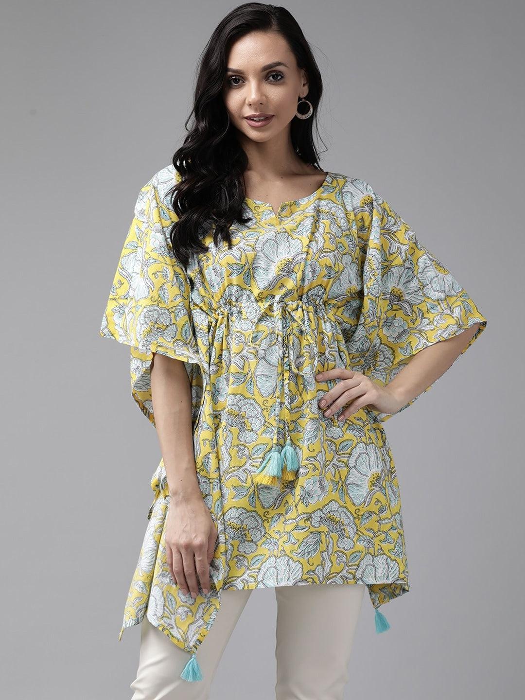 yellow-floral-printed-caftan-10121051YL, Women Clothing, Cotton Caftan