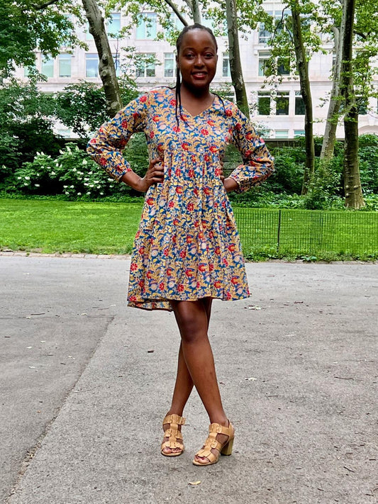 Yellow Flower on Teal Tiered Short Dress