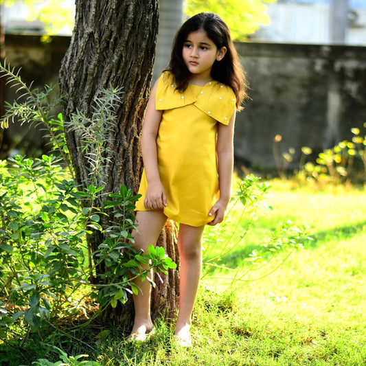 yellow-frill-half-sleeve-dress-10510053YL, Kids Clothing, Cotton Girl Dress