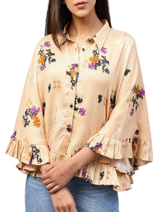 yellow-front-open-banglori-printed-poncho-tops-10207112YL, Women Clothing, Cotton Top