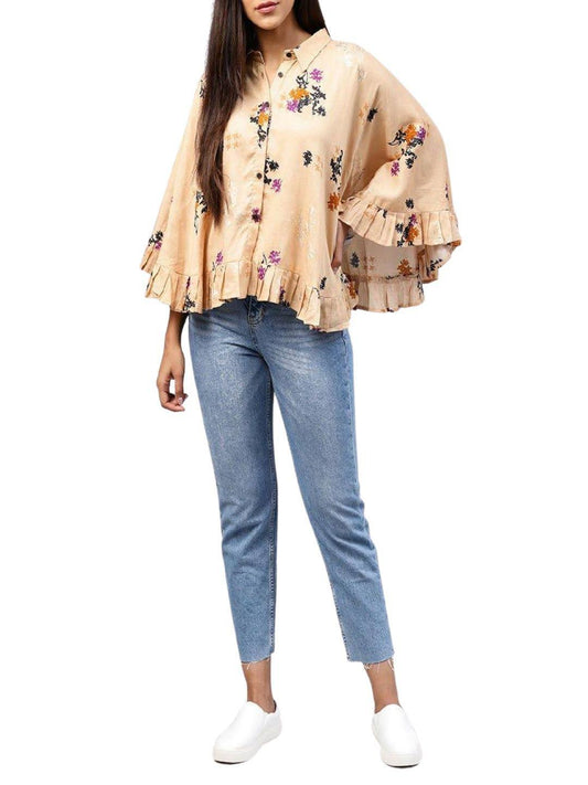 yellow-front-open-banglori-printed-poncho-tops-10207112YL, Women Clothing, Cotton Top