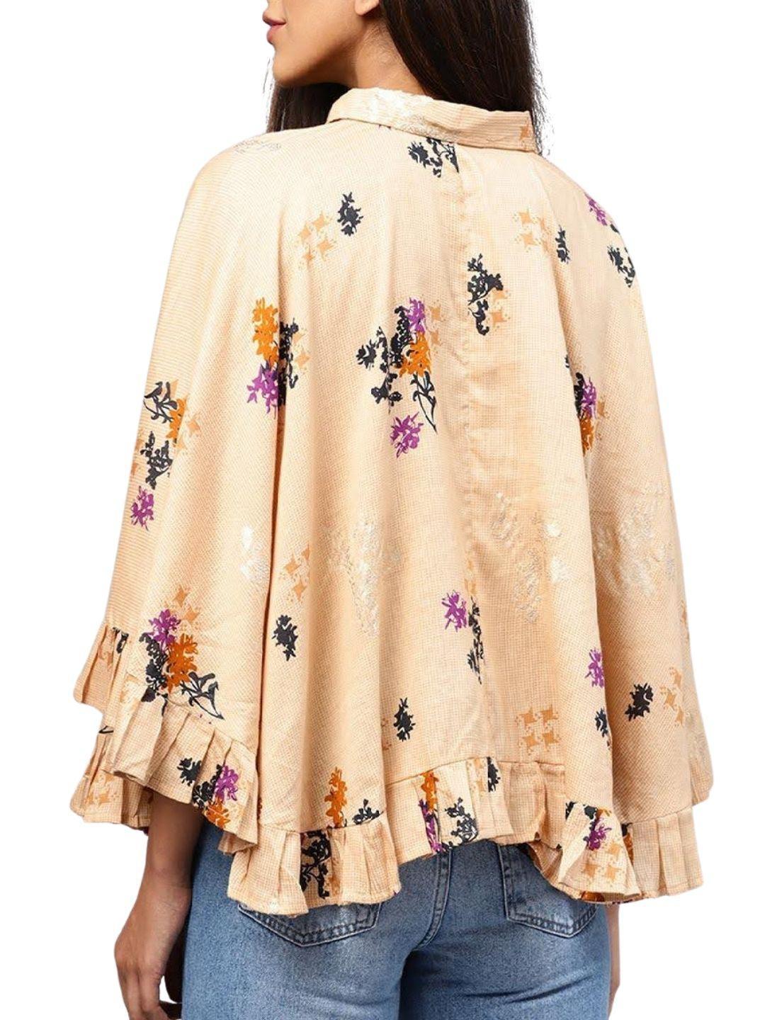 yellow-front-open-banglori-printed-poncho-tops-10207112YL, Women Clothing, Cotton Top