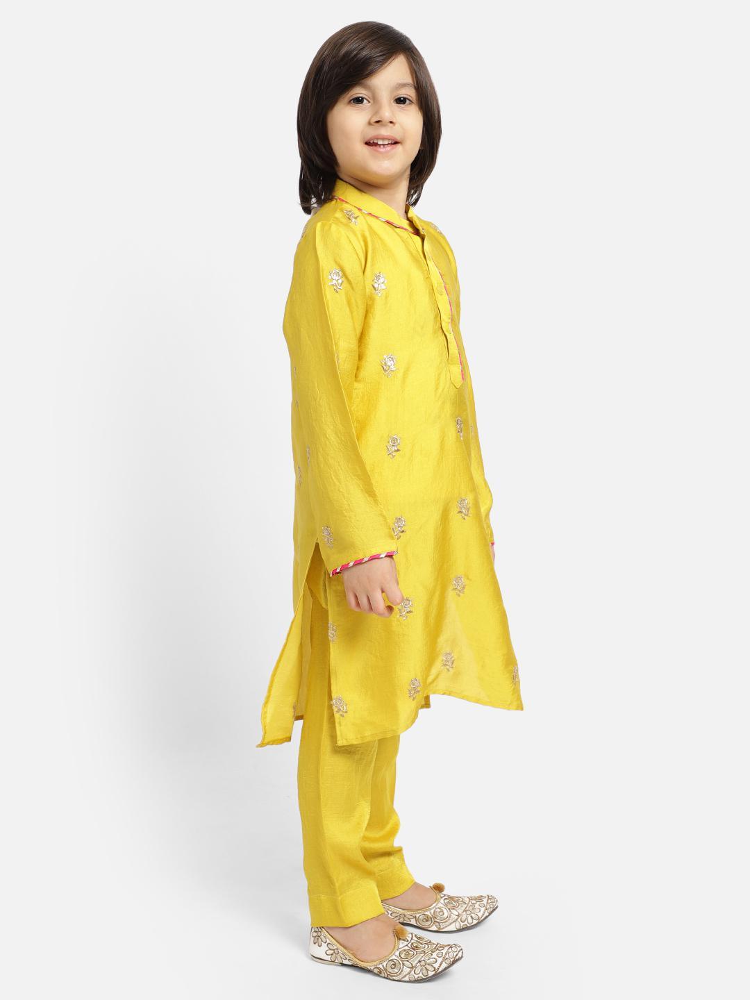 yellow-full-sleeve-kurta-pajama-set-10520066YL, Indian Kids Clothing, Silk Blend Boy Kurta Pajama Set