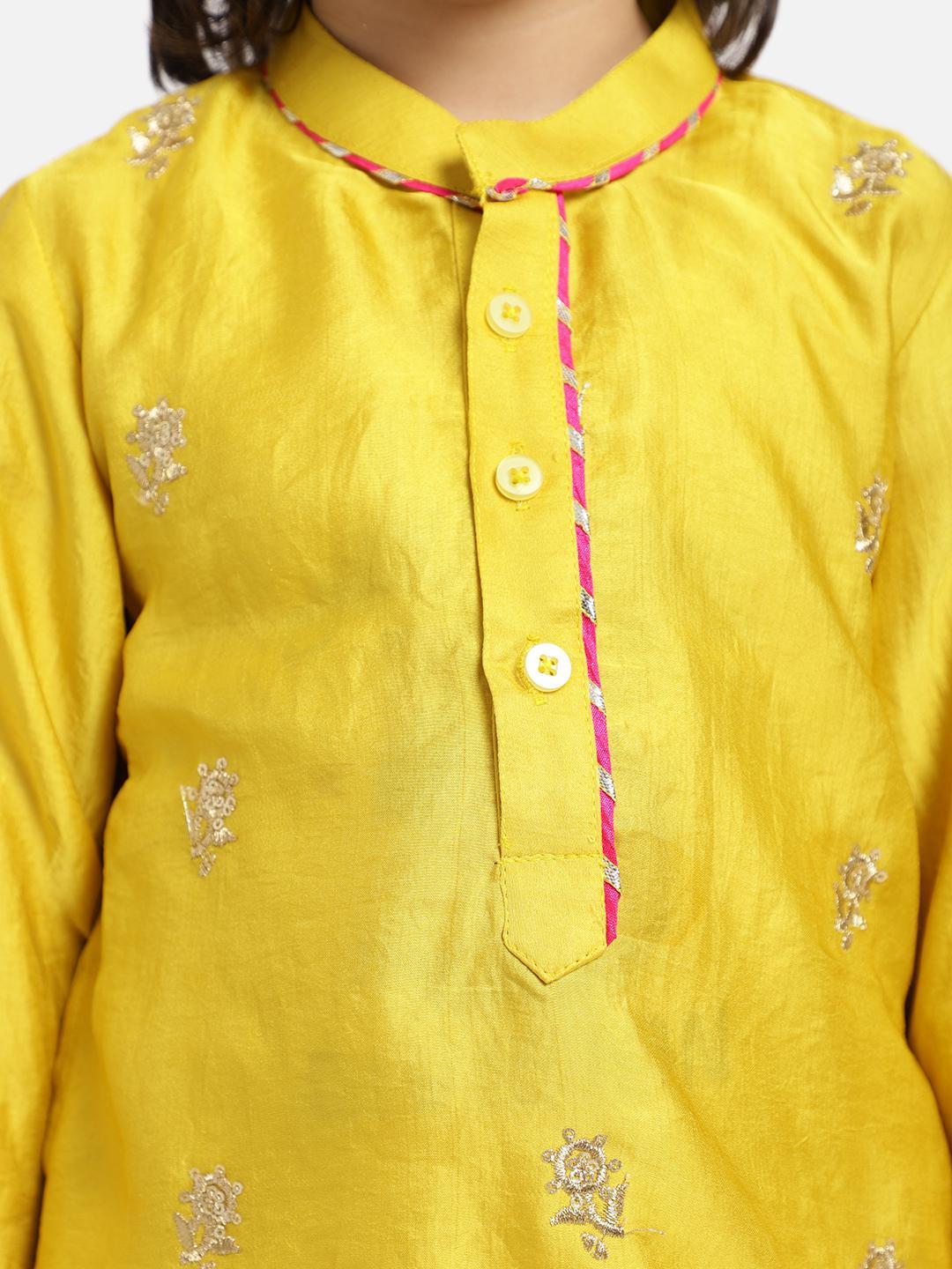 yellow-full-sleeve-kurta-pajama-set-10520066YL, Indian Kids Clothing, Silk Blend Boy Kurta Pajama Set