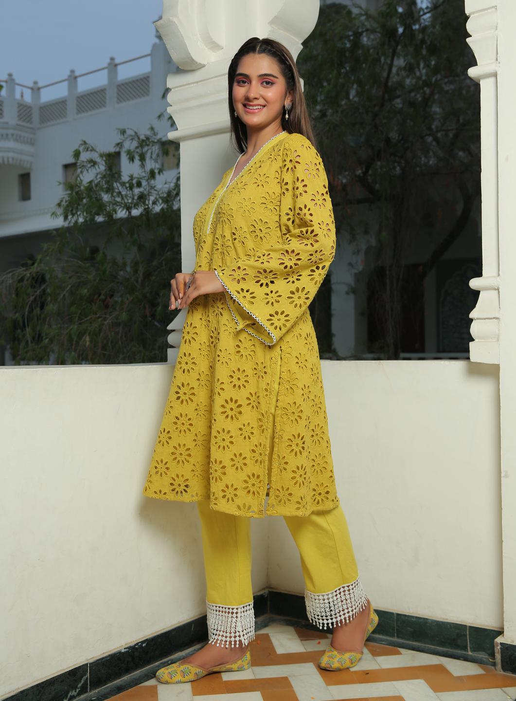 yellow-iris-schiffli-kurta-and-pant-set-11702065YL, Women Indian Ethnic Clothing, Cotton Kurta Set