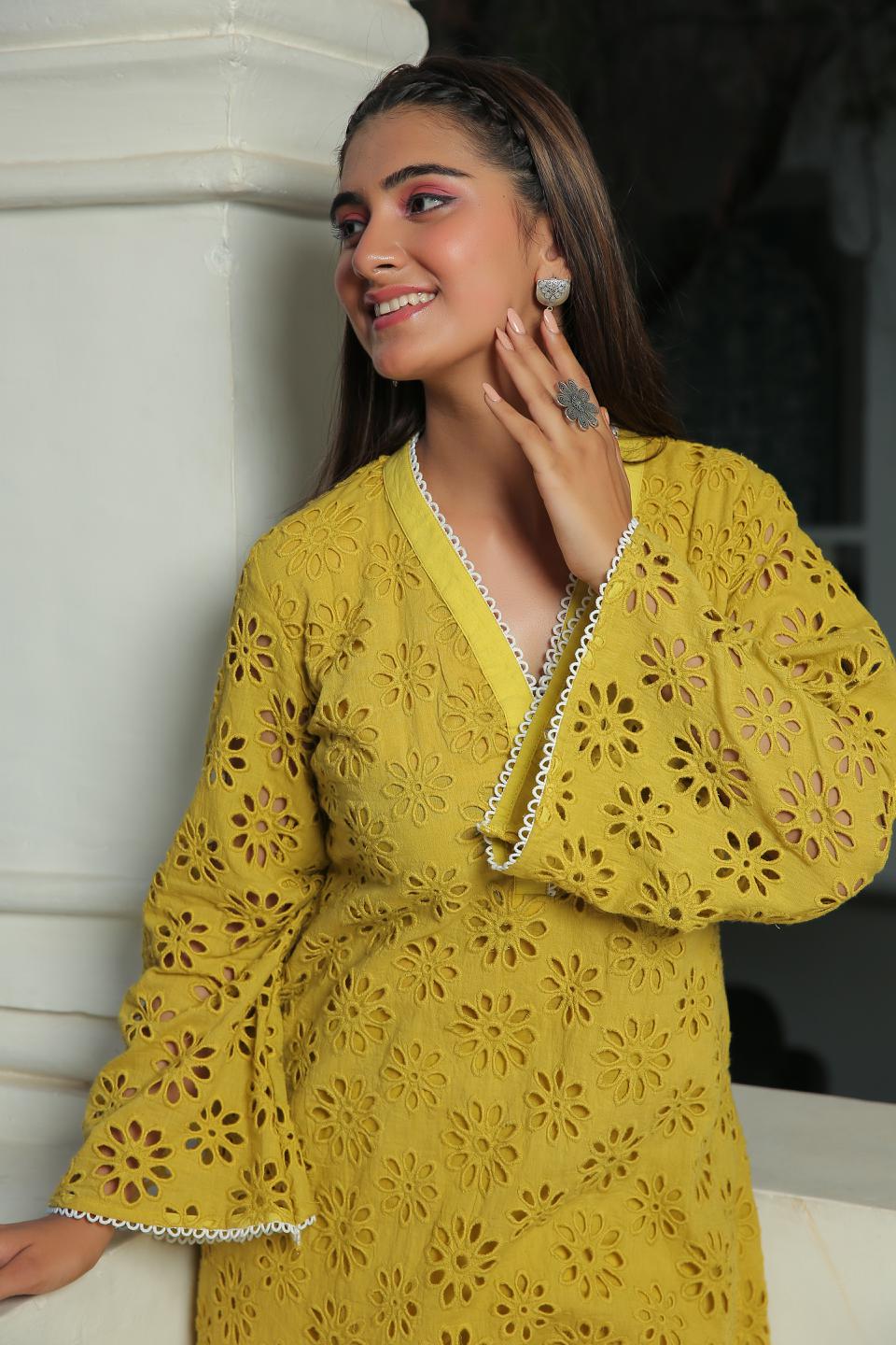 yellow-iris-schiffli-kurta-and-pant-set-11702065YL, Women Indian Ethnic Clothing, Cotton Kurta Set