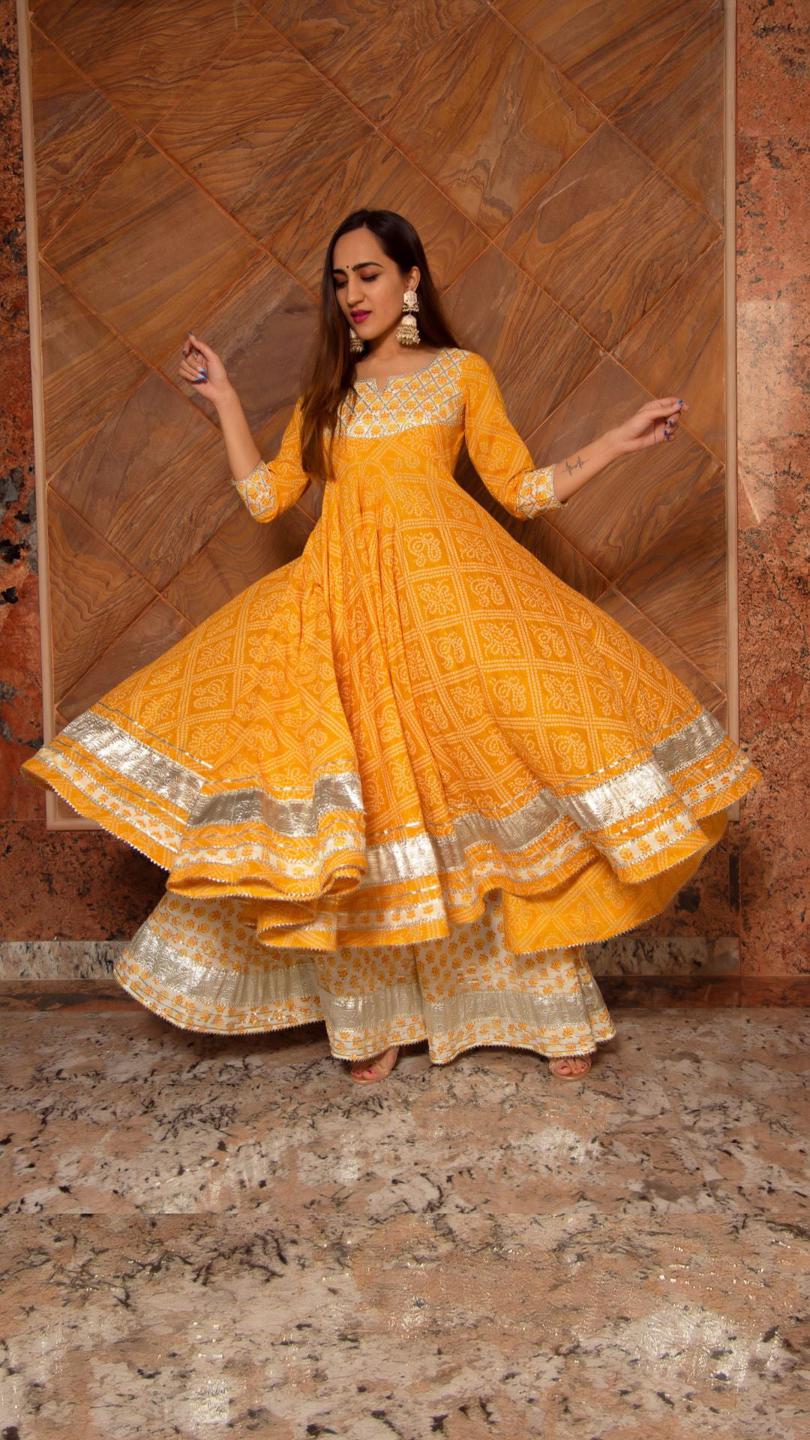 yellow-leaf-cotton-anarkali-palazzo-set-11403081YL, Women Indian Ethnic Clothing, Cotton Kurta Set Dupatta