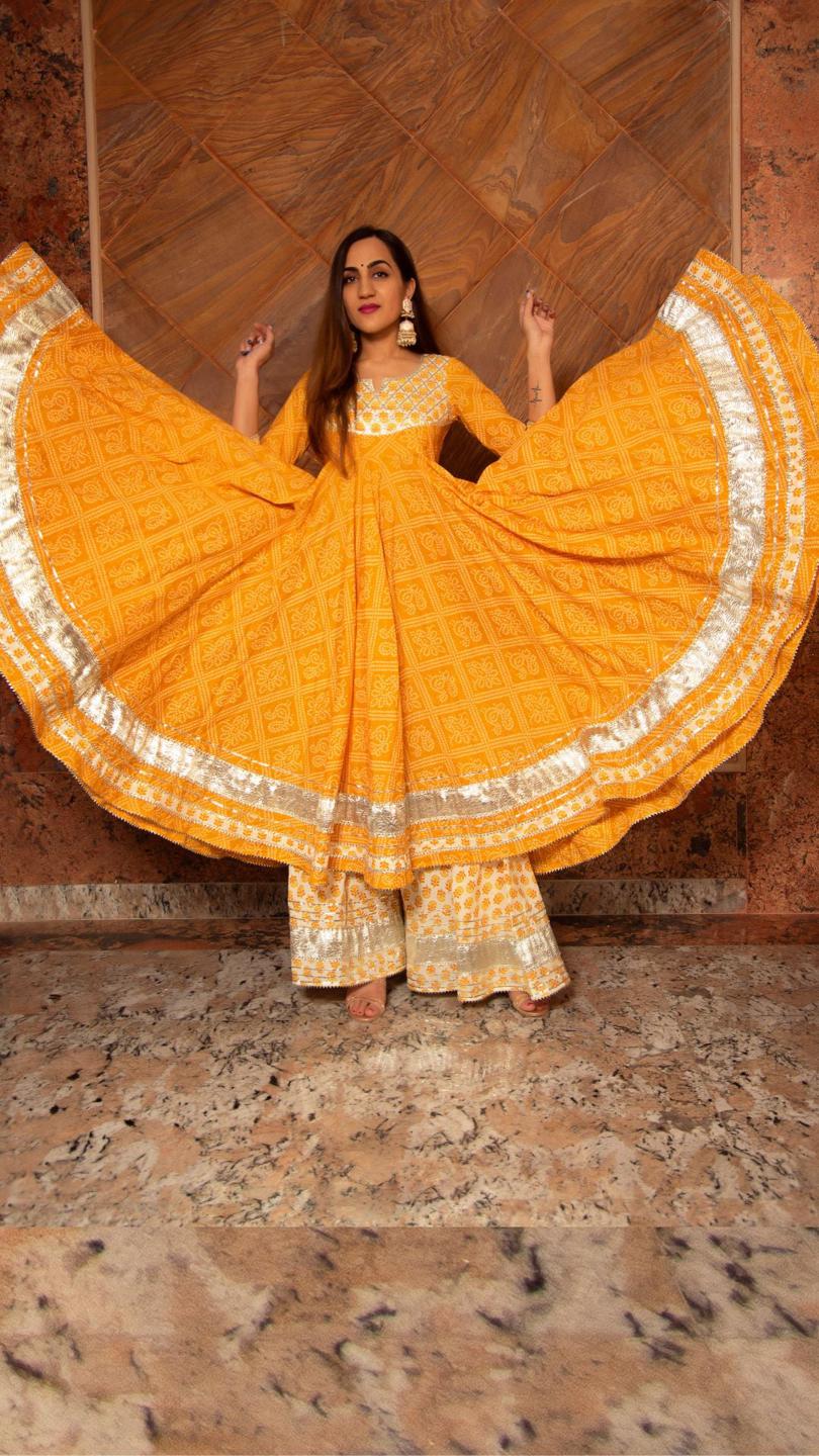 yellow-leaf-cotton-anarkali-palazzo-set-11403081YL, Women Indian Ethnic Clothing, Cotton Kurta Set Dupatta