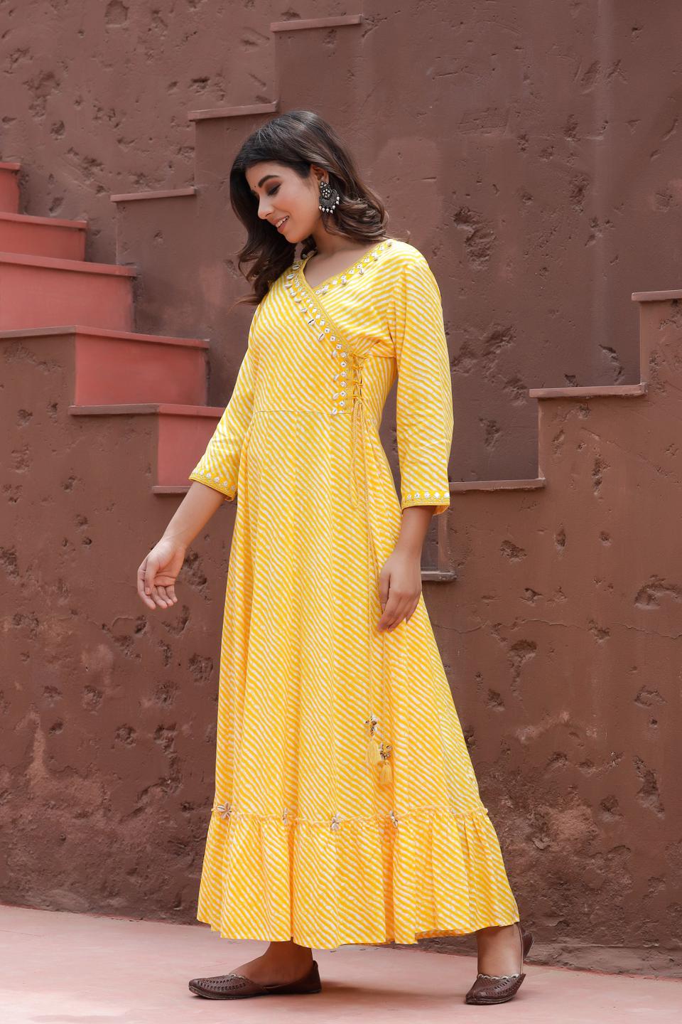 yellow-lehariya-printed-dress-10104038YL, Women Clothing, Rayon Dress