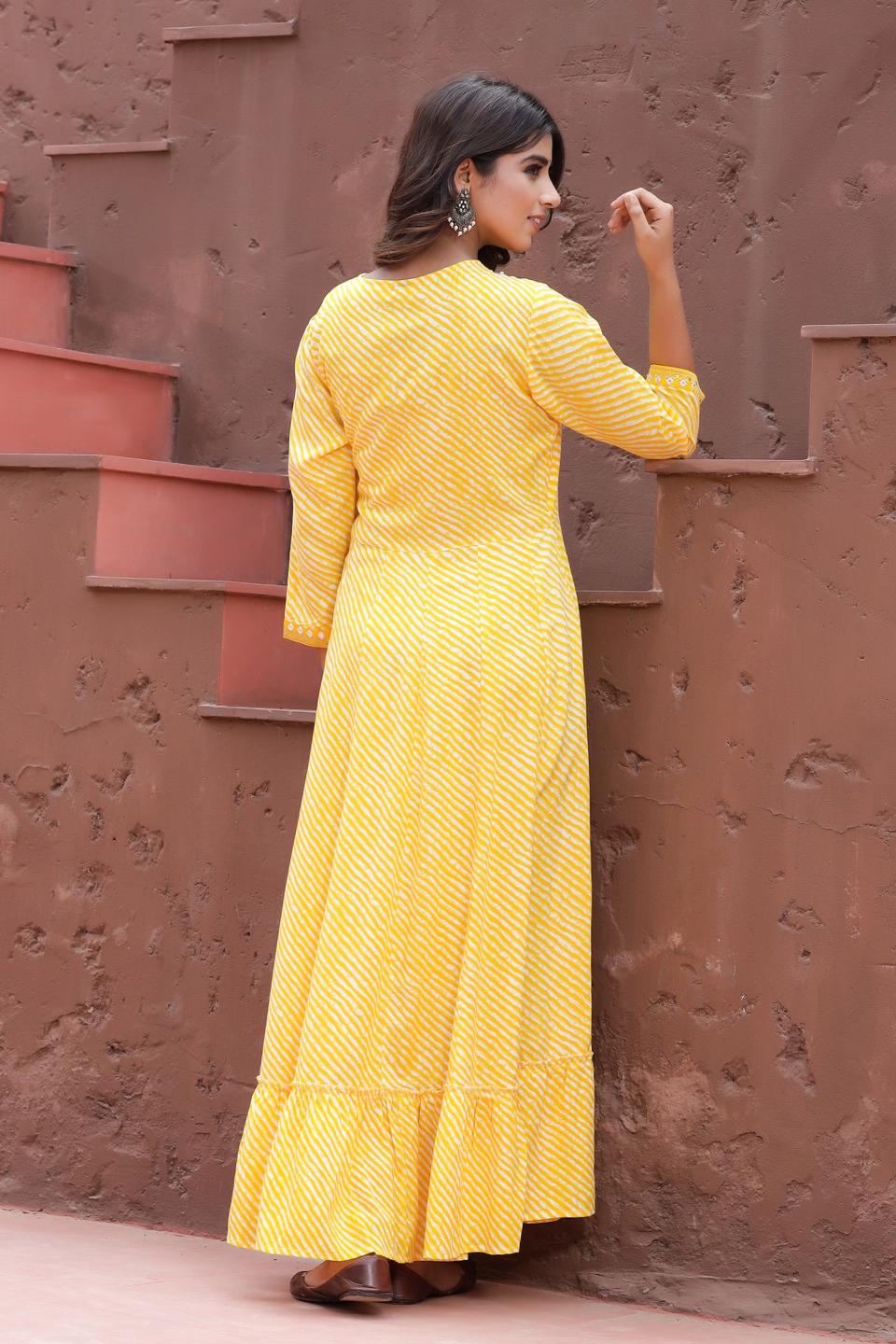 yellow-lehariya-printed-dress-10104038YL, Women Clothing, Rayon Dress