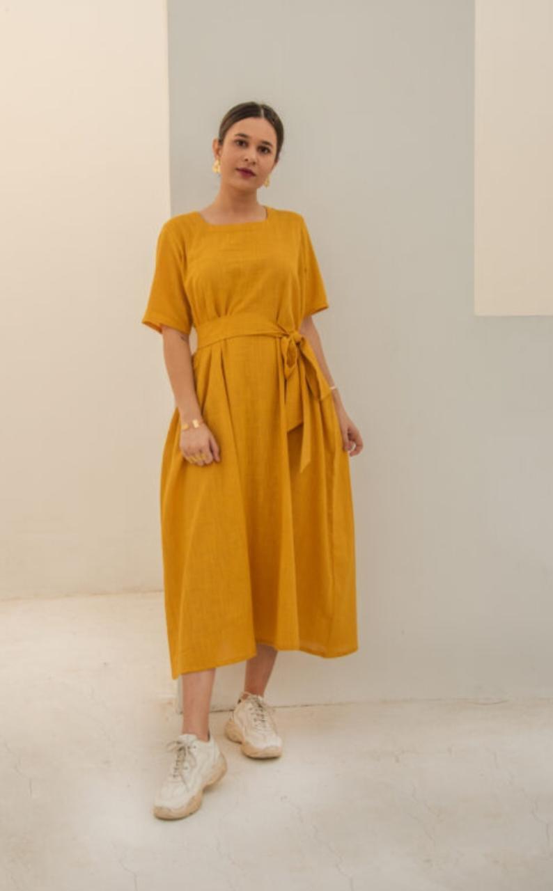 yellow-midi-dress-11604047YL, Women Clothing, Cotton Dress