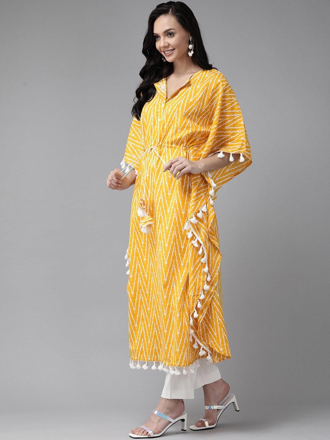 yellow-off-white-printed-caftan-10121045YL, Women Clothing, Cotton Caftan