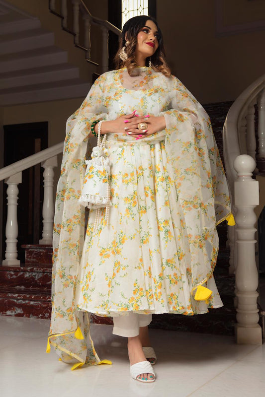 yellow-phool-organza-anarkali-set-11403069YL, Women Indian Ethnic Clothing, Cotton Kurta Set Dupatta