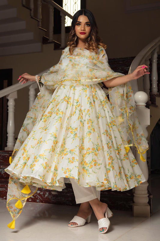 yellow-phool-organza-anarkali-set-11403069YL, Women Indian Ethnic Clothing, Cotton Kurta Set Dupatta