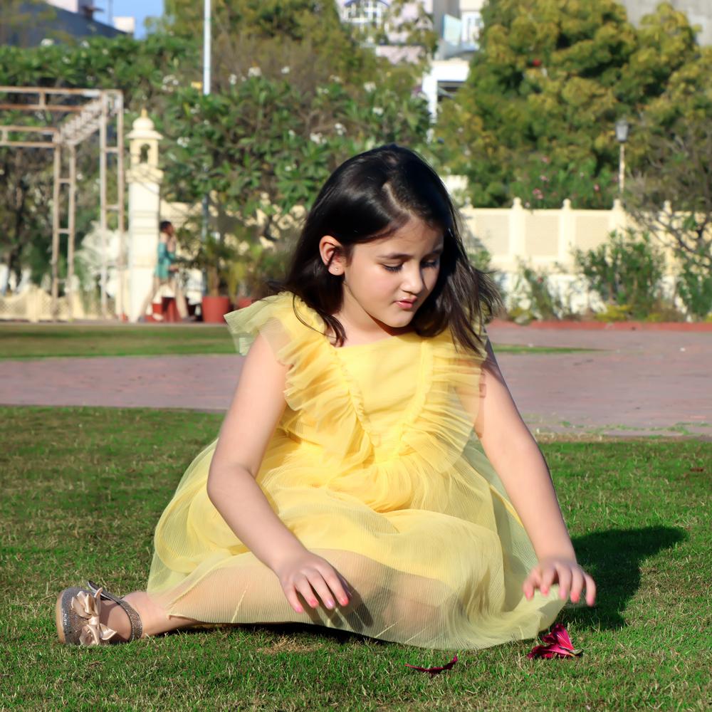 yellow-pleated-net-dress-10510099YL, Kids Clothing, Net Girl Dress