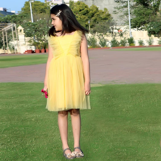 yellow-pleated-net-dress-10510099YL, Kids Clothing, Net Girl Dress
