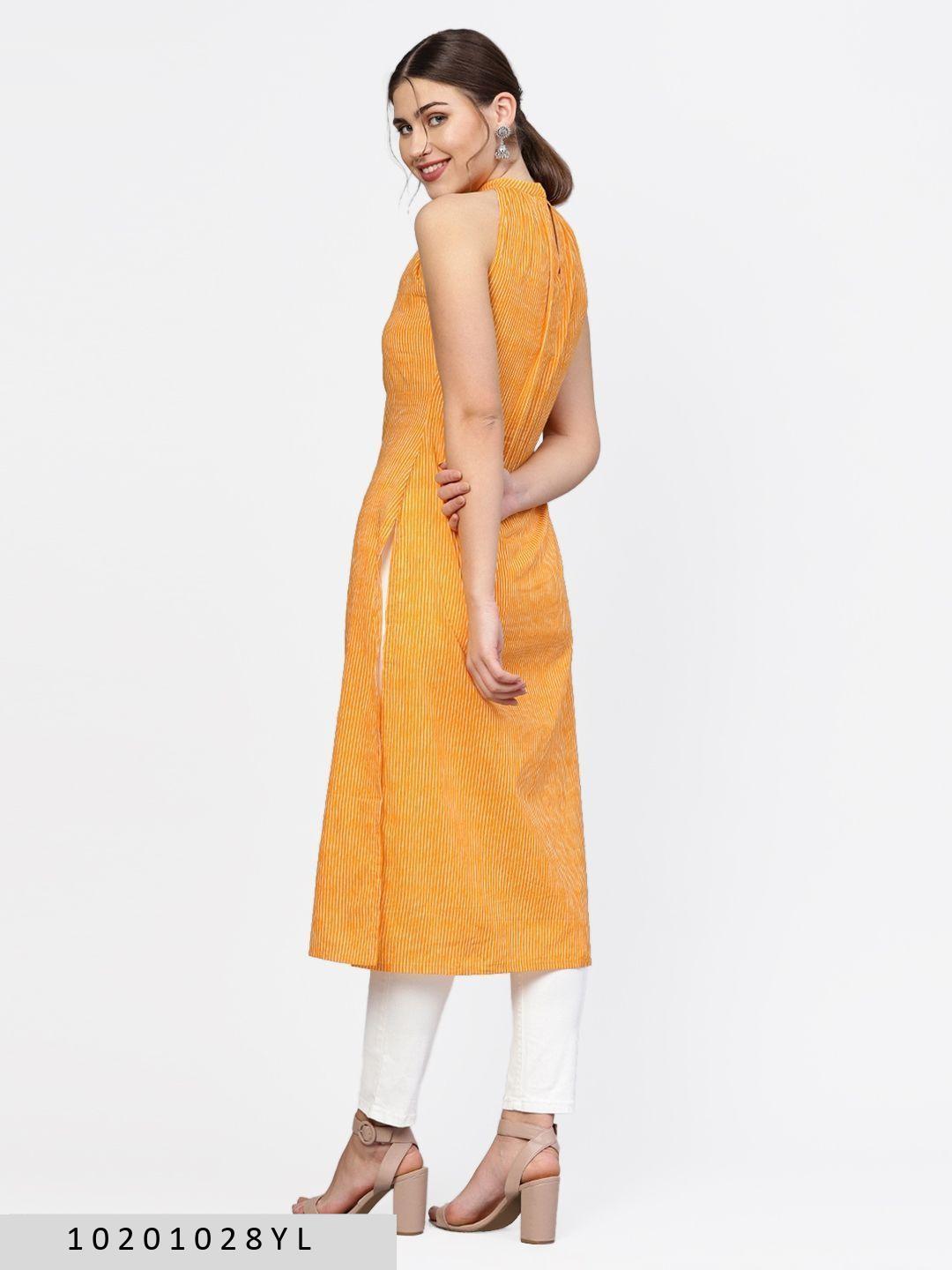 yellow-striped-high-slit-cotton-kurta-10201028YL, Women Indian Ethnic Clothing, Cotton Kurta