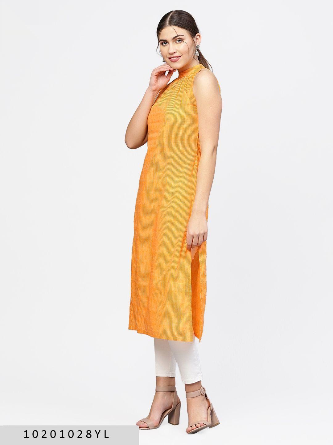 yellow-striped-high-slit-cotton-kurta-10201028YL, Women Indian Ethnic Clothing, Cotton Kurta