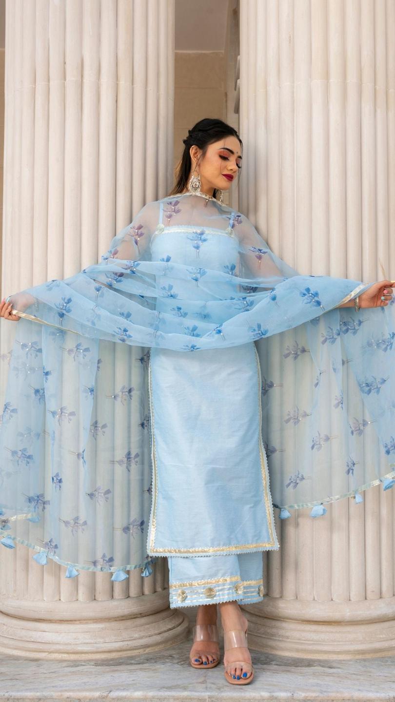 zaara-blue-suit-set-11403072BL, Women Indian Ethnic Clothing, Cotton Silk Kurta Set Dupatta