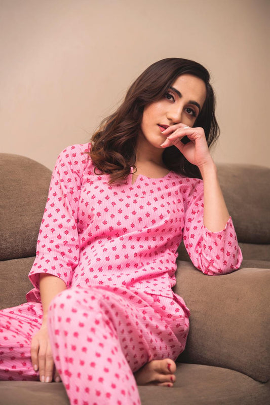 zinnia-pink-hand-block-print-cotton-night-set-11436061PK, Women Clothing, Cotton Sleep Set